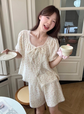 甜美碎花蕾丝边棉纱睡衣女款夏季休闲纱布短袖短裤两件套装家居服