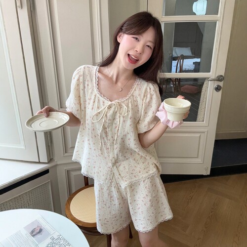 甜美碎花蕾丝边棉纱睡衣女款夏