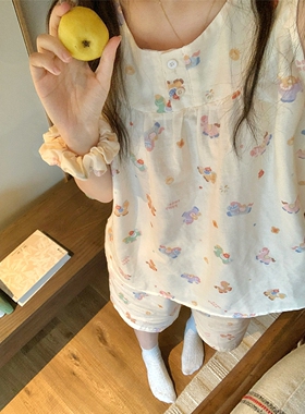可爱童趣无袖背心棉纱布睡衣女夏季吊带短裤圆领宽松两件套家居服