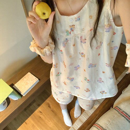 童趣无袖背心棉纱布睡衣女夏季