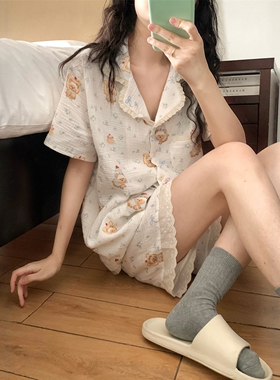 夏天可爱狗狗花边翻领棉纱睡衣女款夏甜美短袖短裤开衫家居服套装