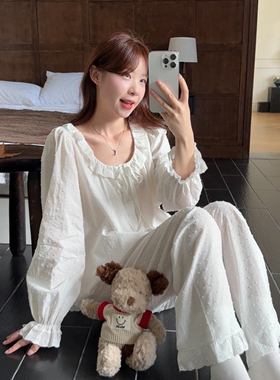 公主风纯色花边领睡衣女春秋季休闲宽松长袖长裤可外穿家居服套装