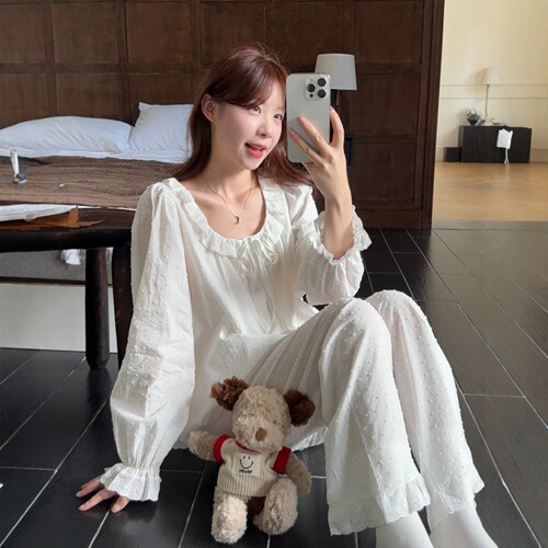 公主风纯色花边领睡衣女春秋