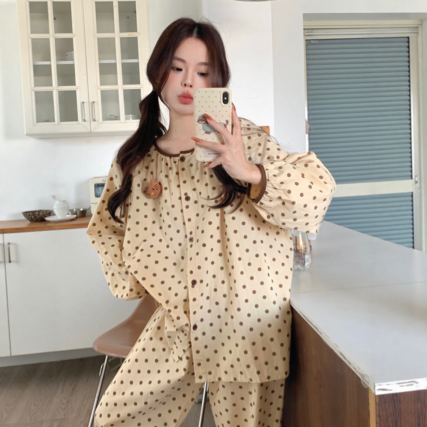 韩系波点灯笼袖可外穿家居服女图片