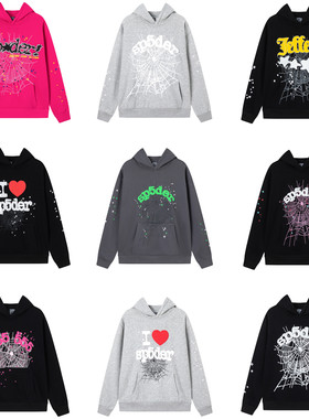 sp5der欧美风发泡印花男女连帽加绒卫衣嘻哈街舞帽衫 暗黑系外套