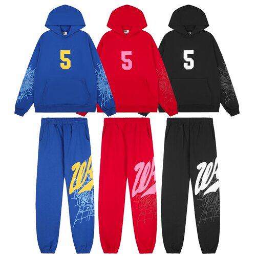 SP5DER数字5蜘蛛网印花连帽卫衣套装男女秋冬长裤宽松运动套装潮