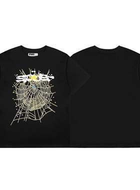 欧美潮牌Sp5der蜘蛛网印花短袖T恤黑色宽松高街情侣上衣打底衫tee
