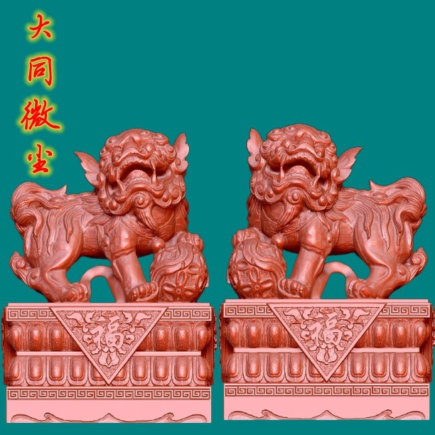 圆雕图三维图STL雕刻3D打印立体图精雕  9207可爱绣球石狮一对