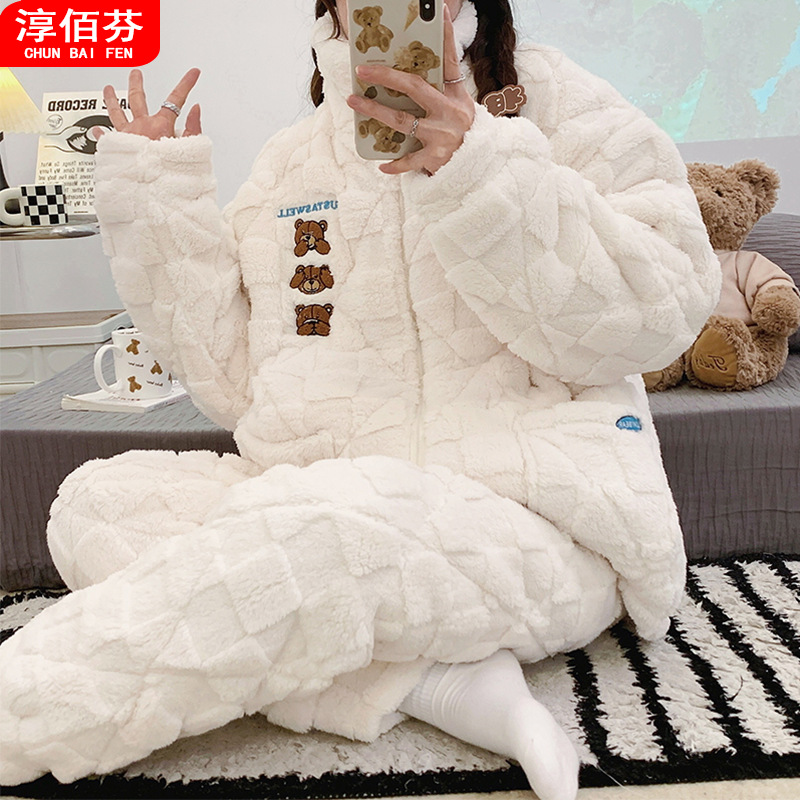 秋冬季新款珊瑚绒睡衣女三层夹棉加厚保暖法兰绒家居服可外穿