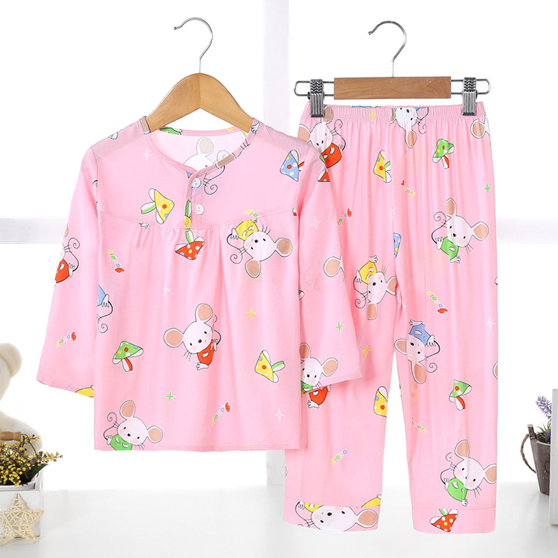 CHILDRENS PAJAMAS GIRLS SUMMER THIN COTTON SILK LONG-SLEEVED BABY AIR CONDITIONING HOME CLOTHES COTTON SILK GIRLS PAJAMAS SET