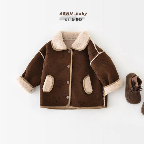 宝宝两面穿外套秋冬新款婴儿加厚双面绒防风上衣儿童韩版小熊开衫