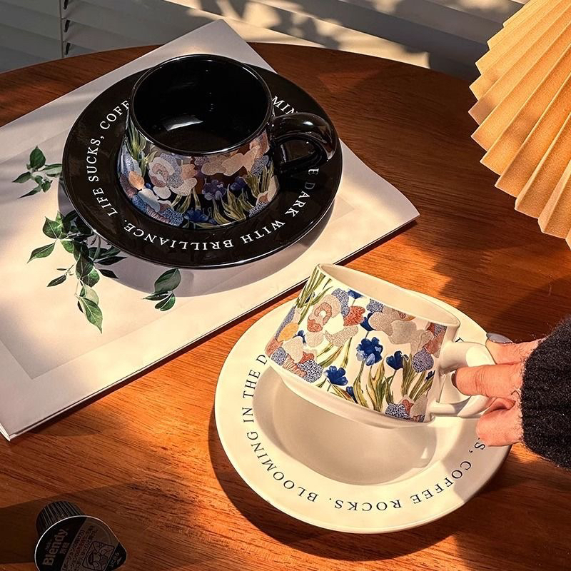 原创款高级感复古水彩画咖啡杯碟