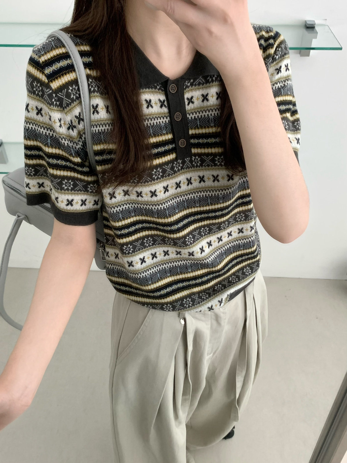 复古费尔岛条纹POLO领细羊毛针织衫女薄百搭纽扣上衣针织秋装9050