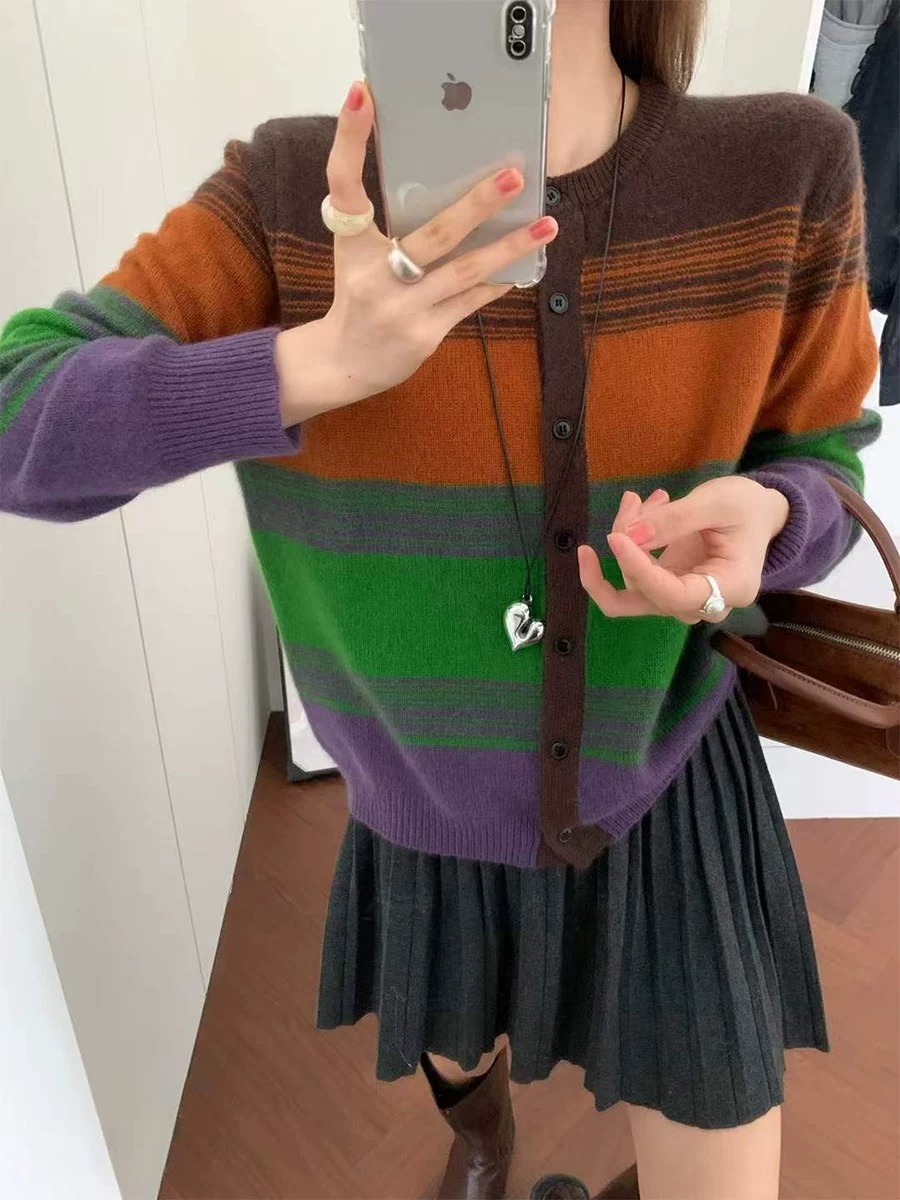 高端欧货秋冬新款圆领撞色条纹高级感慵懒风百搭显瘦羊毛针织开衫