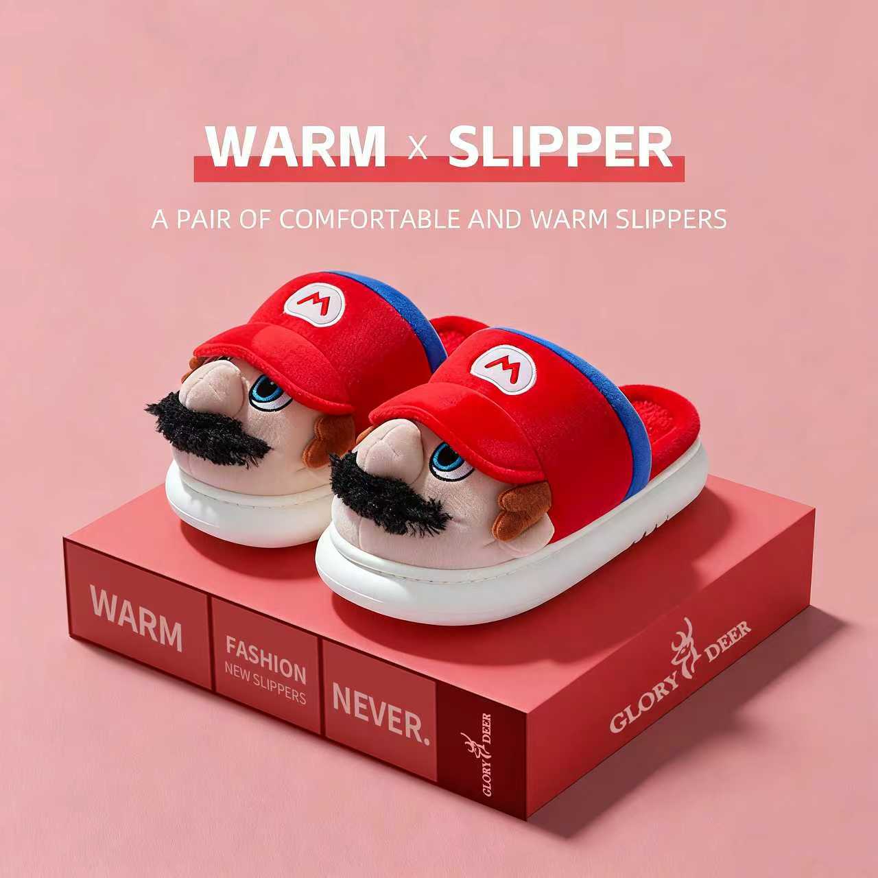 卡通马里奥棉拖鞋男士2025新款秋冬季厚底加绒保暖情侣居家用棉拖