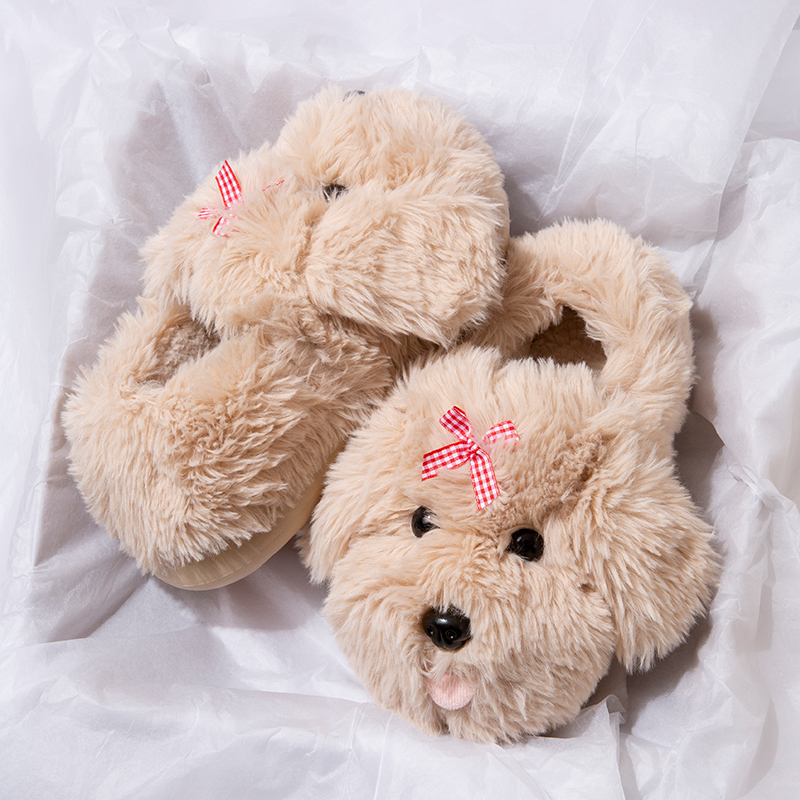 荣耀鹿蝴蝶结小狗棉拖鞋女款包跟