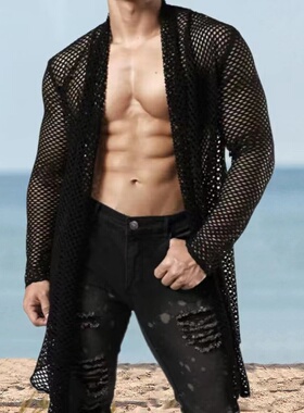 速卖通性感型男大码披肩镂空中长款开衫网格长袖衬衫上衣