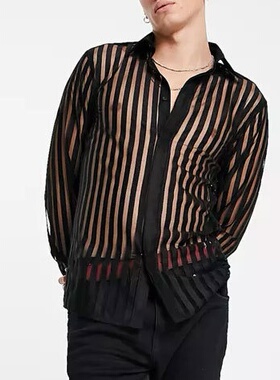 现货男式衬衫 性感型男衬衣 大码长袖宽松休闲男士花衬衫