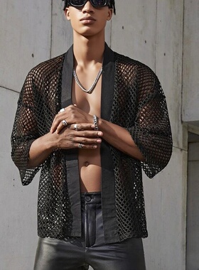 热销欧美男装镂空T恤男性感网眼开衫披肩时尚男士演出服上衣衬衫