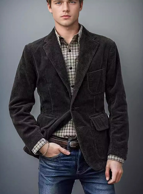 现货跨境西装春秋季男士灯芯绒英伦风西装外套加背心上衣男士套装