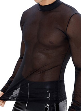 欧美跨境大码男装 黑色网纱印花长袖T恤男式微透百搭弹力打底衫男