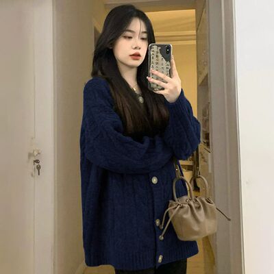 藏青色麻花毛衣外套开衫女秋冬季