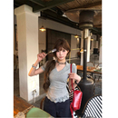 纯欲辣妹蕾丝花边拼接V领正肩短袖 复古别致收腰显瘦上衣 T恤女夏季