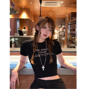 知名度SHOP 美式正肩短袖T恤女夏季辣妹设计感小众修身短款上衣潮