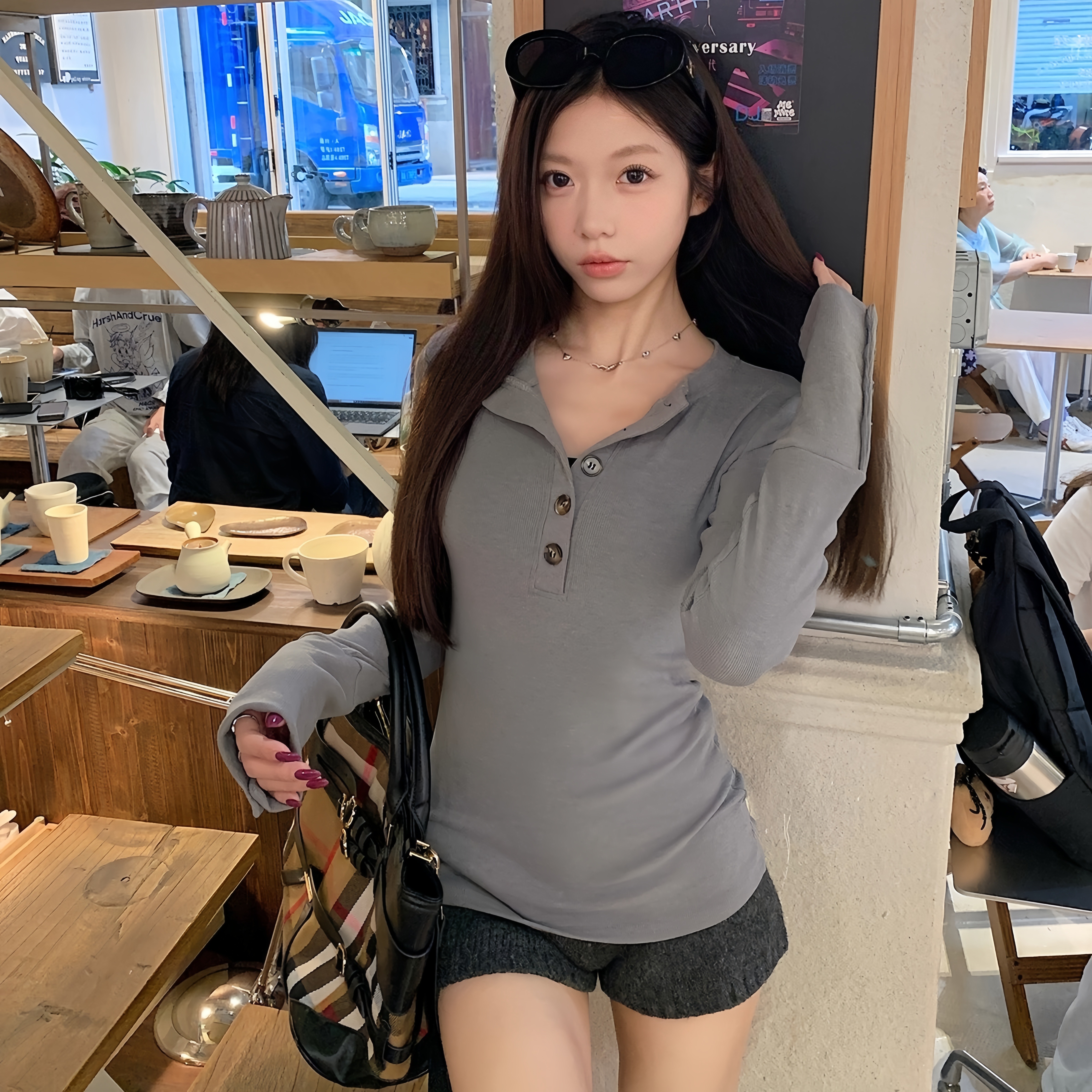 半开领长袖正肩T恤女打底衫上衣