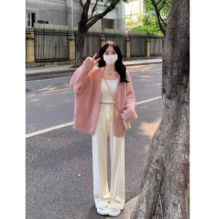 小香风毛衣开衫外套女款秋冬季小个子穿搭粉色慵懒宽松针织衫上衣