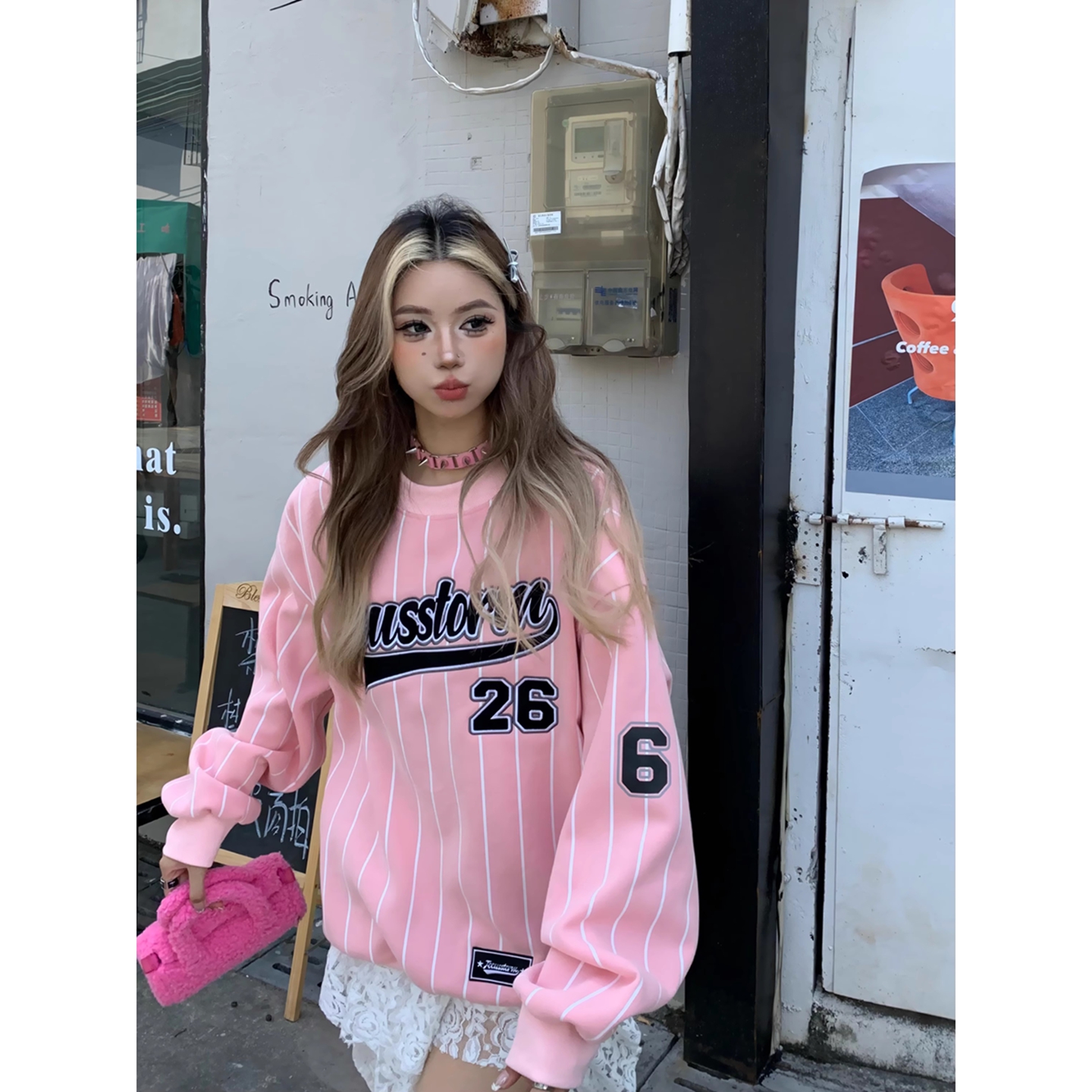 美式字母印花球衣风圆领卫衣女