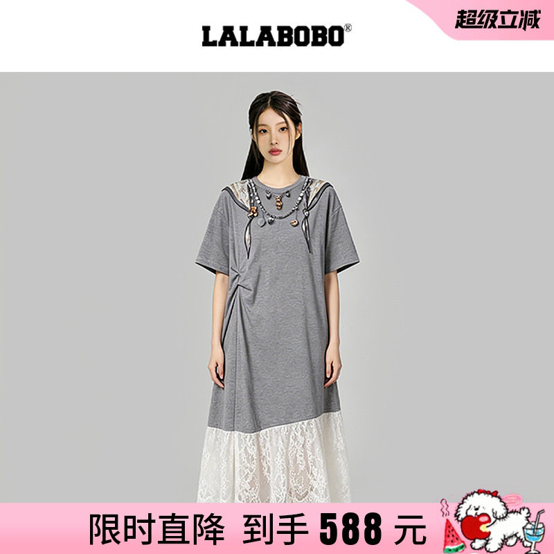 【视错系列】LALABOBO26夏新款T恤裙女蕾丝拼接3D印花宽松连衣裙