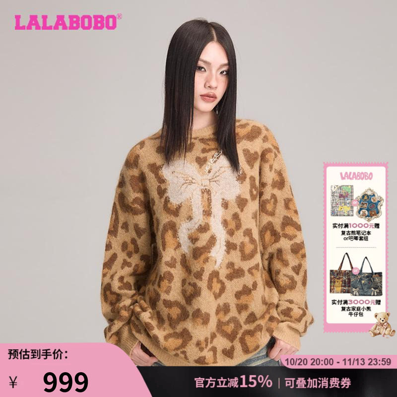 LALABOBO圆领长袖毛衣豹纹蝴蝶结