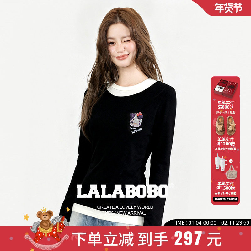 【商场同款】LALABOBO25年冬新款打底衫女假两件长袖修身内搭T恤,女装/女士精品,T恤,淘宝优惠券,粉丝福利购,淘宝优惠卷