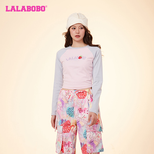 LBDA T恤 WSDT44 拼色抽绳草莓圆领套头长袖 LALABOBO24春新打底衫