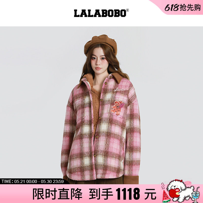 【商场同款】LALABOBO25年冬新款保暖衬衫大衣女复古格纹毛呢外套