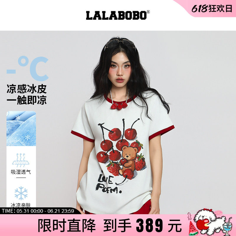 【复古野餐】LALABOBO26年夏新款短袖女樱桃小熊印花显瘦正肩T恤