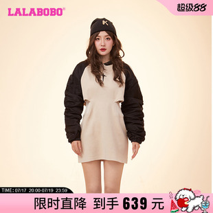 [招财熊]LALABOBO春季新款复闲收腰拼色连帽连衣裙|LBDA-WLZY16