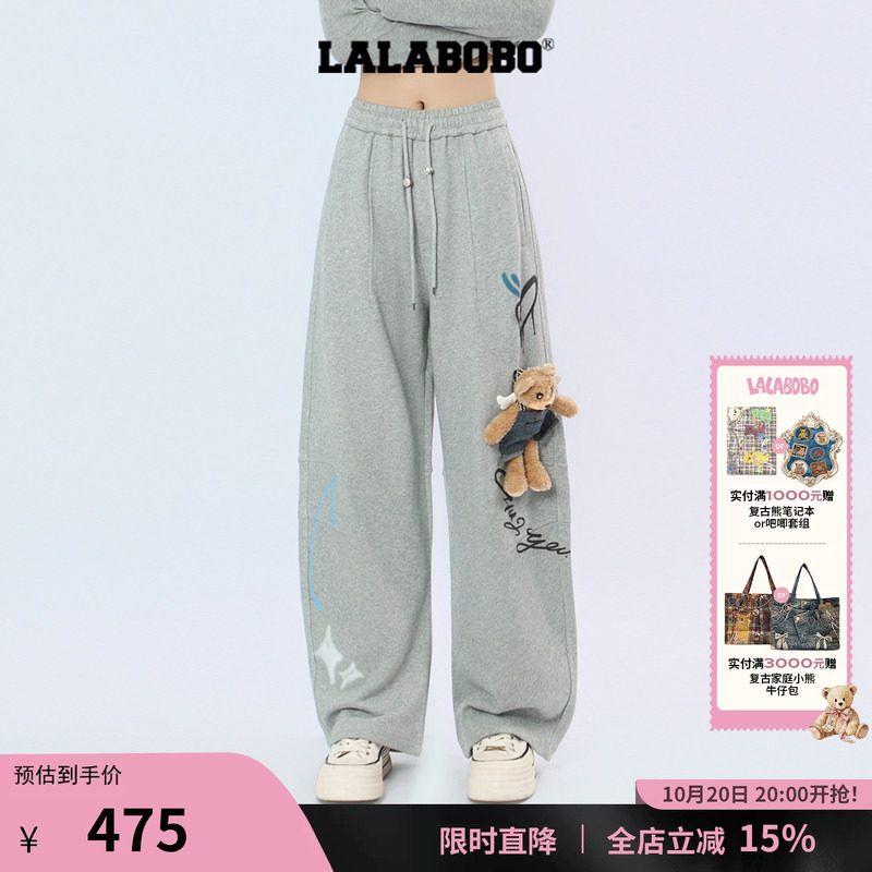 阔腿裤女涂鸦印花宽松灰色休闲裤