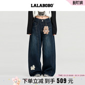 长裤 LALABOBO25年美式 小狗贴布弯刀深蓝牛仔裤 穆祉丞机场路透