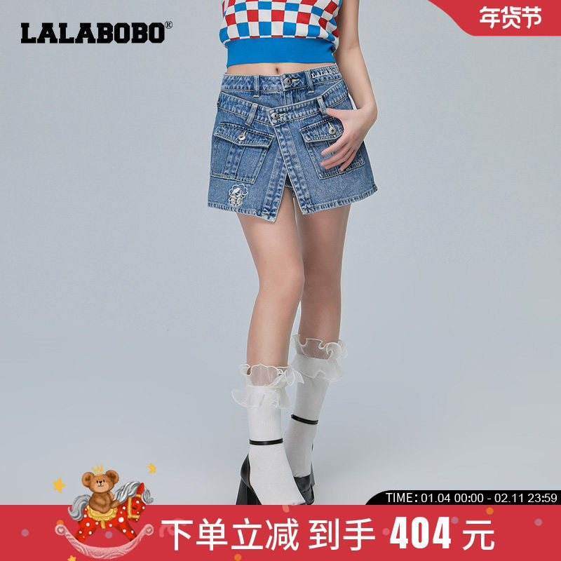 【设计师潮牌】LALABOBO2024夏新款牛仔短裤裙线绣复古直筒纯棉女