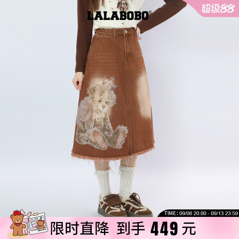 做旧牛仔美式小熊印花A字半身裙