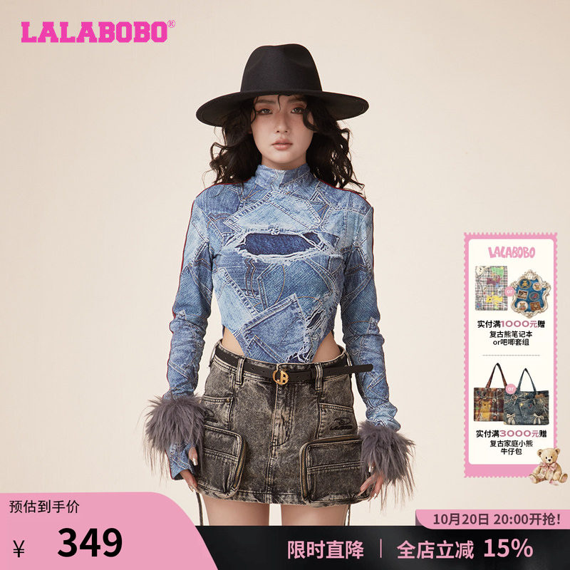 辣妹拼接休闲网纱高领长袖T恤女