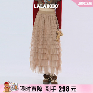 【玩偶熊】LALABOBO26年秋新款网纱蛋糕裙松紧腰直筒中长款半身裙