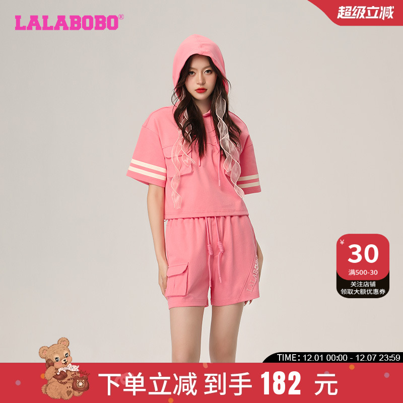 LABO复古老花套头短袖连帽卫衣女