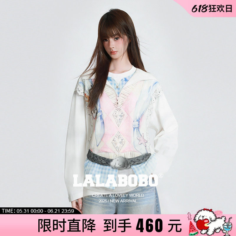 【商场同款】LALABOBO26年春新款长袖T恤女美式立体印花圆领卫衣
