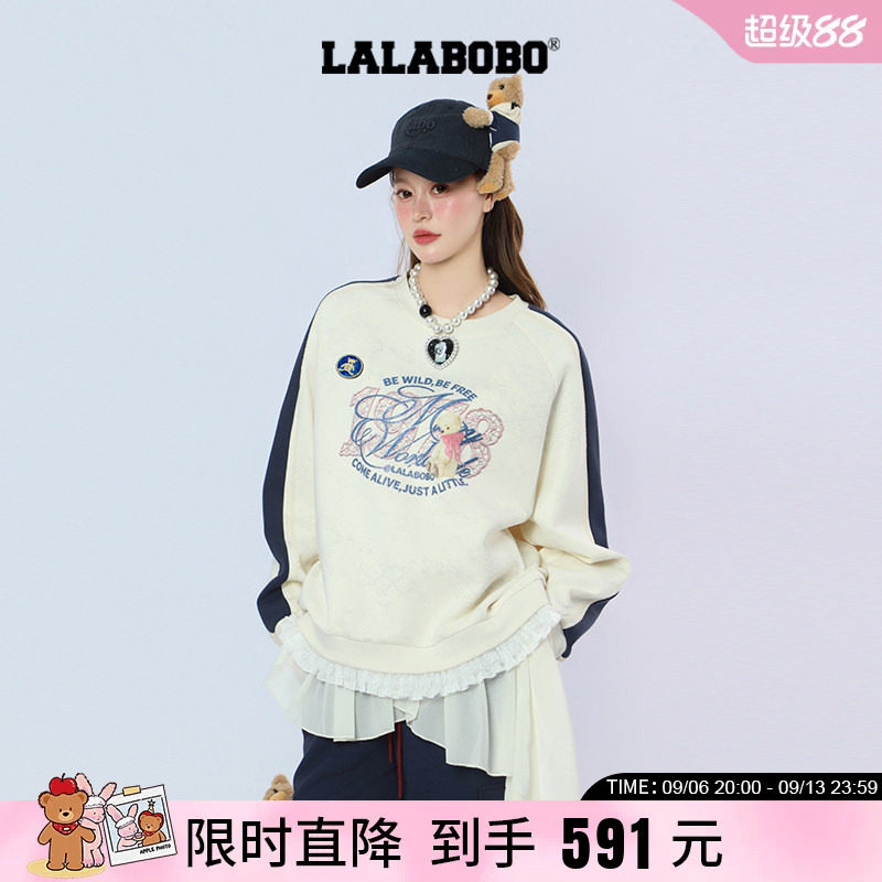 长袖上衣蕾丝拼接宽松圆领卫衣