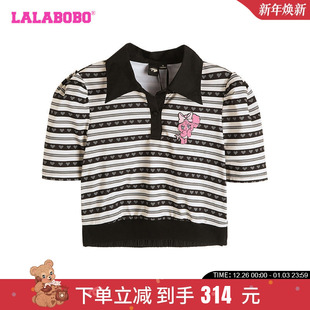 T恤LBDB 条纹翻领短袖 WSDT44 可爱百搭休闲修身 LALABOBO24早秋新款