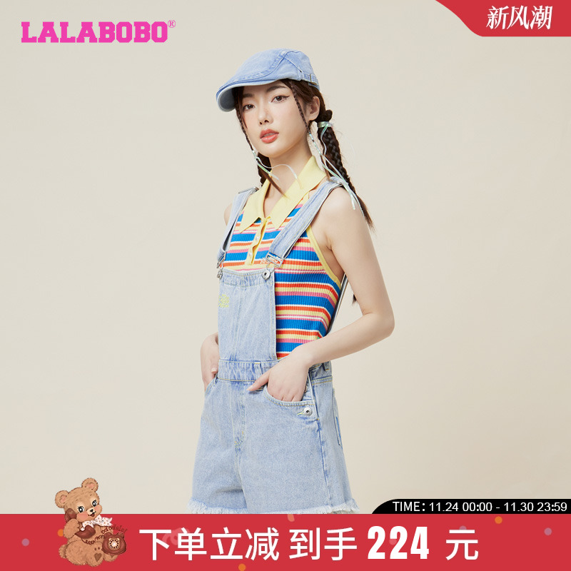 甜系夏日海滨浅蓝牛仔背带短裤女