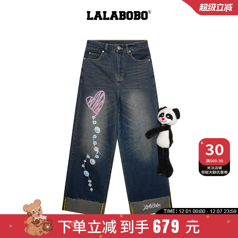 LALABOBO爱心小熊牛仔长裤